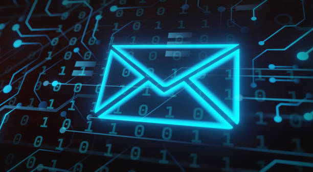 istock Circuit Digital Futuristic glass on board with envelope symbol hologram display 1365099780