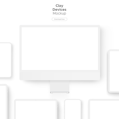 Clay Responsive Devices Mockup. White Computer Monitor, Tablet, Smartphone. Vector Illustration
