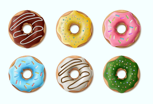 realistic vector collection of colorful doughnuts, glazed in chocolate. 3d realistic vector collection of colorful doughnuts, glazed in chocolate. doughnut stock illustrations