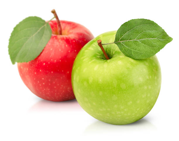 dos manzanas - apple granny smith apple green leaf fotografías e imágenes de stock