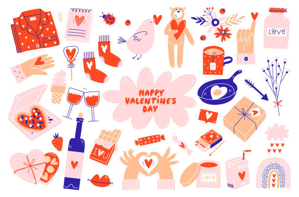 ilustraciones, imágenes clip art, dibujos animados e iconos de stock de conjunto de elementos del día de san valentín. diferentes objetos románticos. - candy heart candy valentines day heart shape