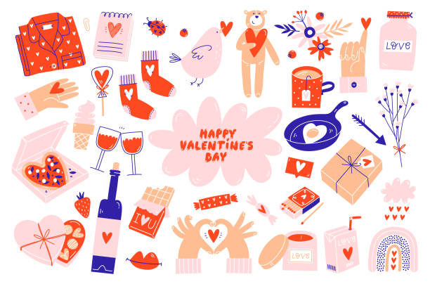 illustrations, cliparts, dessins animés et icônes de ensemble d’éléments de la saint-valentin. différents objets romantiques. - valentine present