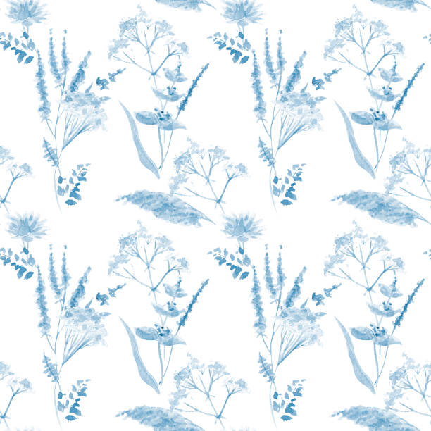 delikatny bukiet dzikich niebieskich kwiatów. akwarelowe tło. bezszwowy wzór. - invitation tea flower bouquet stock illustrations