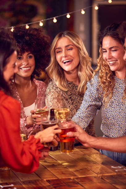 multikulturelle gruppe von freunden, die den abend genießen, in der bar zusammen trinken und einen toast machen - color image image vertical people stock-fotos und bilder