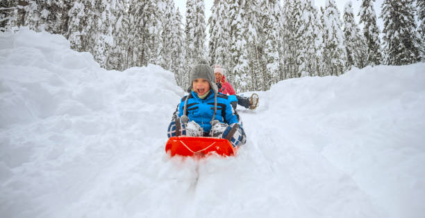istock Mother and son tobogganing on snowy hill 1365101835