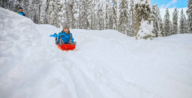 istock Boy tobogganing on snowy hill 1365101863