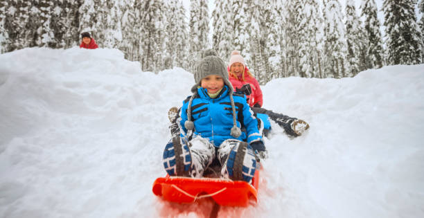istock Mother and son tobogganing on snowy hill 1365101873