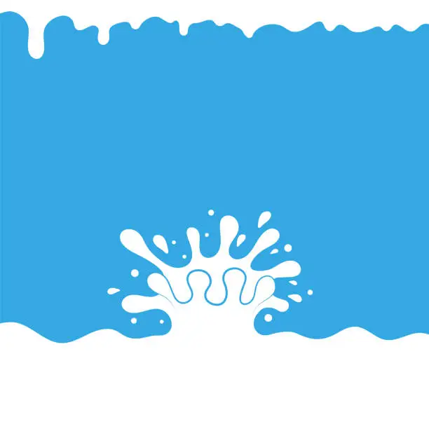 Vector illustration of Pouring Milk Splash on Blue Background. White Creamy Liquid Drops. Fresh Farm Milky Flow Drink. Minimalist Poster