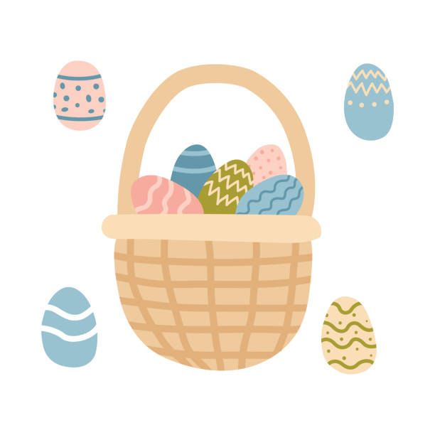 weidenkorb mit bunten ostereiern - easter basket eggs yellow stock-grafiken, -clipart, -cartoons und -symbole