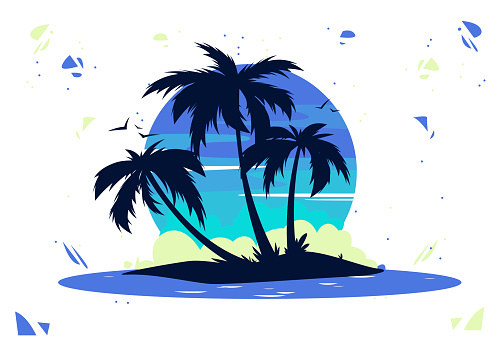 vector illustration of silhouettes of tropical palm trees with the silhouette of an island in the sea