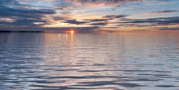 Sunset in water surface with waves under cloudy sky landscape