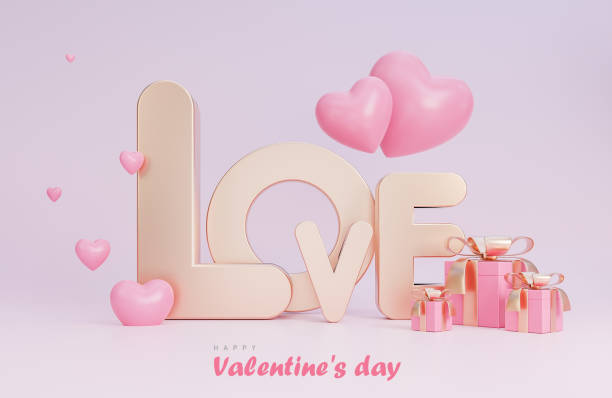istock Happy valentine day banner with text Love 3d objects on pink background.,3d model and illustration. 1365106555