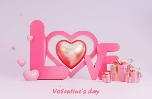 istock Happy valentine day banner with text Love 3d objects on pink background.,3d model and illustration. 1365106568