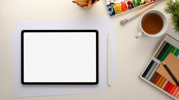 istock Graphic designer or artist office workspace with digital tablet mockup 1365109678