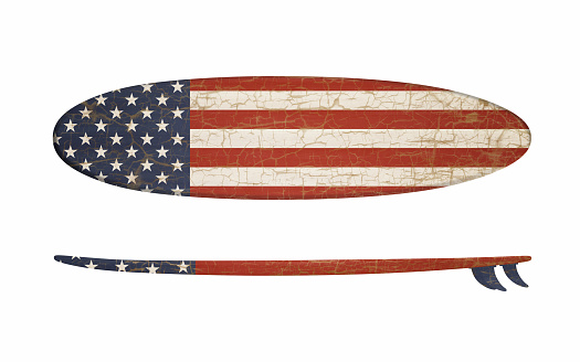 Wood Surfboard U.S.A. flag vintage effect, 3d rendering