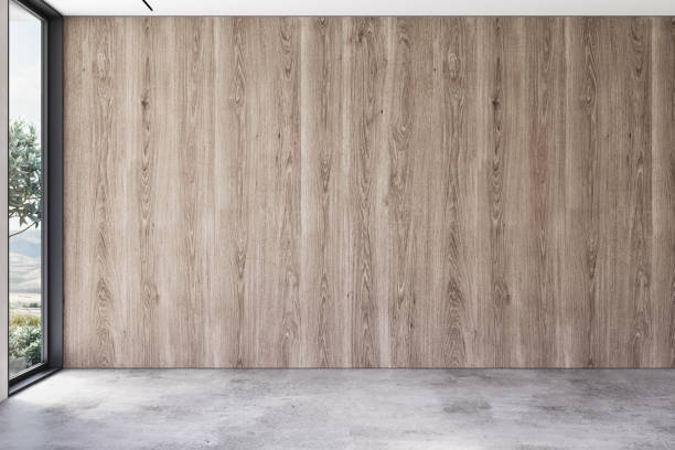 istock Contemporary minimalist empty interior with wood panel blank wall. 3d render illustration mock up. 1365109989