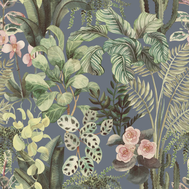 istock Watercolor floral seamless pattern with home tropical plants. Floral background 1365110041