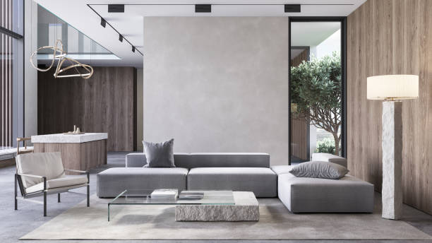 istock Contemporary minimalist interior with sofa, armchair, coffee table, wood panel, blank wall. 3d render illustration mock up. 1365110068