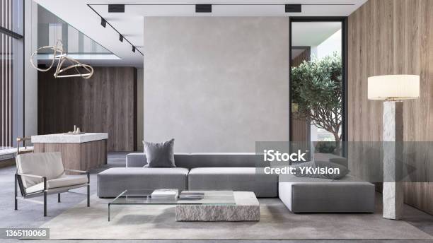 Contemporary Minimalist Interior With Sofa Armchair Coffee Table Wood Panel Blank Wall 3d Render Illustration Mock Up Stock Photo - Download Image Now