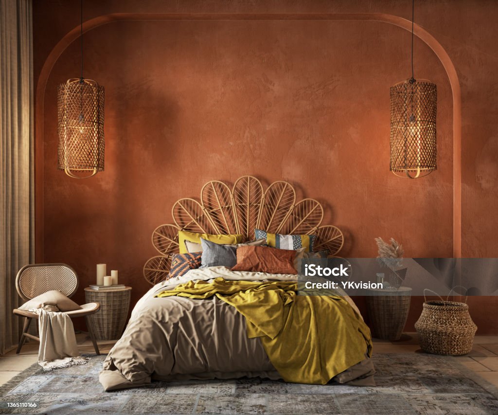 Orange boho style interior with armchair, dresser and decor. 3d render illustration mockup. Living Room Stock Photo