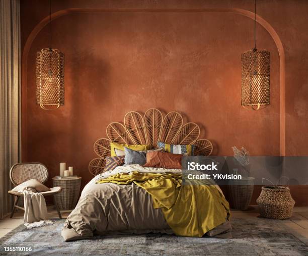 Orange Boho Style Interior With Armchair Dresser And Decor 3d Render Illustration Mockup Stock Photo - Download Image Now
