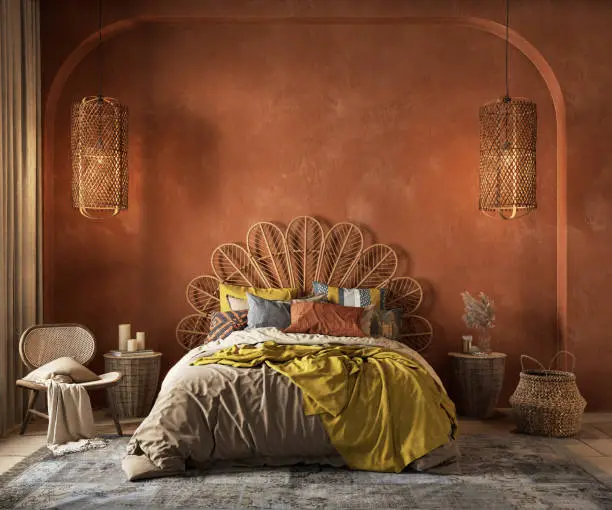 Photo of Orange boho style interior with armchair, dresser and decor. 3d render illustration mockup.