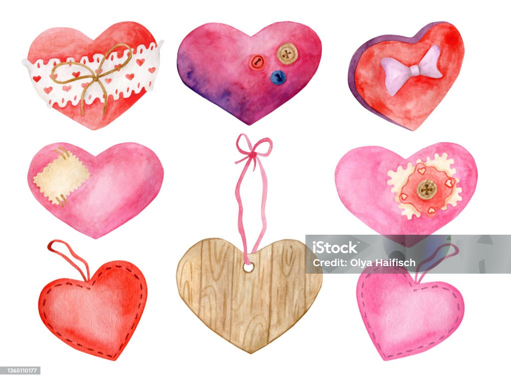 Watercolor Hearts Set Hand Painted Pink Red And Wood Heart Shapes  Illustration Isolated On White Background Romantic Decoration Elements For  Valentines Day Wedding Card Design Stock Illustration - Download Image Now  - iStock