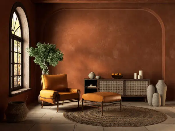 Orange boho style interior with armchair, dresser and decor. 3d render illustration mockup.