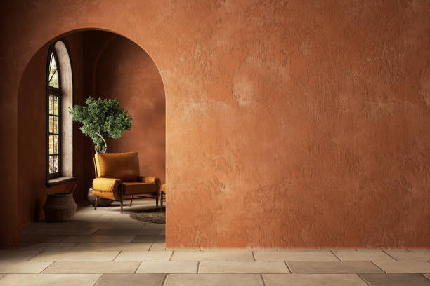 istock Orange boho style interior with blank wall and decor. 3d render illustration mockup. 1365110296