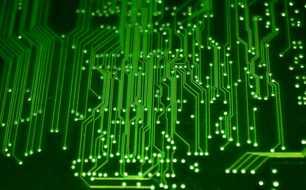 istock Light straight electric lines on a green electric board. 1365111375