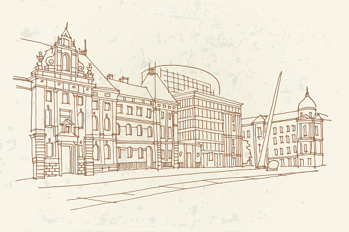 Hand drawn ink line sketch of street scene in Zagreb, Croatia.