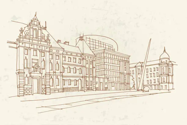 Vector illustration of Hand drawn ink line sketch of street scene in Zagreb, Croatia.