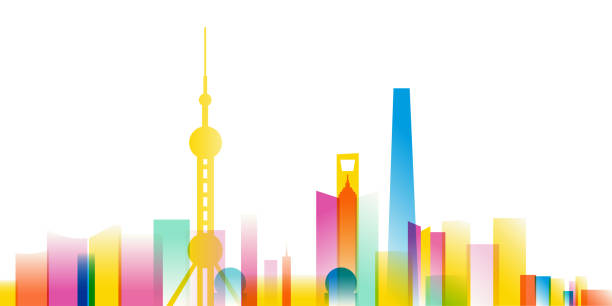 상하이 스카이라인 멀티컬러, 벡터 일러스트 - shanghai finance skyline backgrounds stock illustrations
