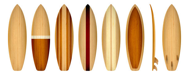 set aus vintage holz surfboard, vektorillustration - surfboard stock-grafiken, -clipart, -cartoons und -symbole