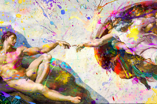 Full colors creation of Adam by Michelangelo , modern abstract art