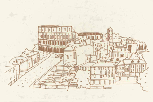 bildbanksillustrationer, clip art samt tecknat material och ikoner med vector sketch of the coliseum or flavian amphitheatre, rome, italy. - ancient rome forum