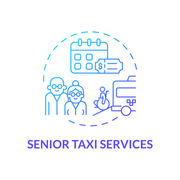 ilustraciones, imágenes clip art, dibujos animados e iconos de stock de icono de concepto de gradiente azul del servicio de taxi para personas mayores - infografías de precios