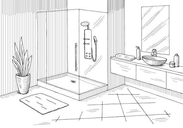 bildbanksillustrationer, clip art samt tecknat material och ikoner med bathroom graphic home interior black white sketch illustration vector - badrum
