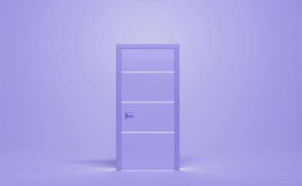 istock Closed purple door with light going through it, isolated on lavender background, front view. Realistic illustration modern interior wooden door in empty room, entrance doorway concept, 3d render 1365116617