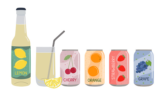 Set of soft drinks in aluminum cans and glass bottle with soda and lemonade. Carbonated non-alcoholic water with fruit, berry flavors. Hand drawn vector illustration isolated on white background