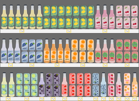 Set of soft drinks in aluminum cans and glass bottles with soda and lemonade on shelves in supermarket. Carbonated non-alcoholic water with fruit and berry flavors. Hand drawn vector illustration