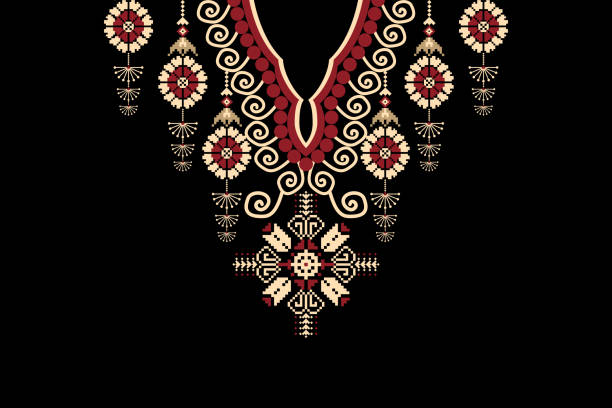 Beautiful figure tribal necklace pattern Beautiful figure tribal geometric ethnic collar lace oriental pattern traditional on black background.Aztec style embroidery abstract vector illustration.design for texture,fabric,fashion women print. slavic culture stock illustrations