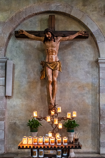 Beautiful wooden Crucifix from the Baroque period by an unknown author preserved inside the Abbey of Santa Maria di Follina in the Prosecco Hills