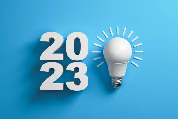 istock 2023 and white lamp on a blue background. 1365123541