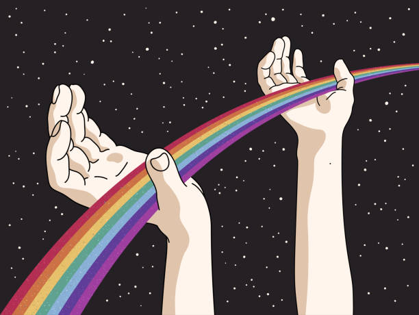 Human hands holding rainbow Road in starry space. Retro LGBT poster bridge hand stock illustrations