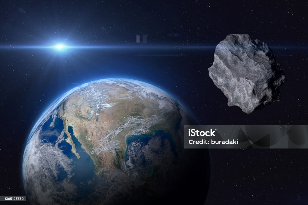 Planet Earth and asteroid. Planet Earth and big asteroid in the space. Concept a potentially hazardous object (PHO). Potentially hazardous asteroids (PHAs). Asteroid in outer space near Earth planet. Stony-iron meteorite is solar system. Elements of this image furnished by NASA. ______ Url(s): "https://www.nasa.gov/multimedia/imagegallery/image_feature_2159.html" Software: Adobe Photoshop CC 2015. Knoll light factory. Adobe After Effects CC 2017. 3ds Max 2016. Asteroid Stock Photo