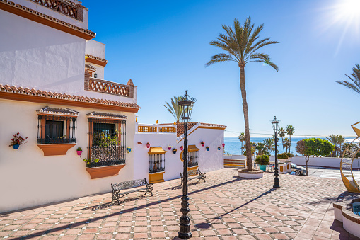 Estepona beach houses facades in Costa del sol of Malaga near Marbella in Andalusia Spain