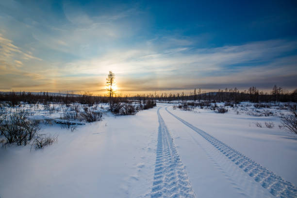 paisaje con puesta de sol de invierno en el sur de yakutia, rusia - república de sakha fotografías e imágenes de stock