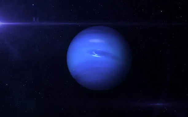 View of planet Neptune from space. Space, nebula and planet Neptune. Elements of this image furnished by NASA. ______ Url(s): "nhttps://photojournal.jpl.nasa.gov/catalog/pia01492"nSoftware: Adobe Photoshop CC 2015. Knoll light factory. Adobe After Effects CC 2017."n