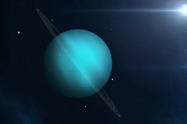 View of planet Uranus from space. Space, nebula and planet Uranus.  Uranus - ice giant planet, thirteen rings and the five main satellites are Miranda, Ariel, Umbriel, Titania, and Oberon. "Elements of this image furnished by NASA. ______ Url(s): "https://solarsystem.nasa.gov/moons/uranus-moons/oberon/in-depth/"nhttps://photojournal.jpl.nasa.gov/catalog/PIA14101"Software: Adobe Photoshop CC 2015. Knoll light factory. Adobe After Effects CC 2017.